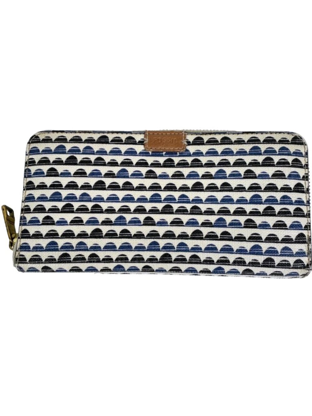 FOSSIL EMMA RFID Zip Around Continental Wallet Blue Tan Cream Geometric Pattern